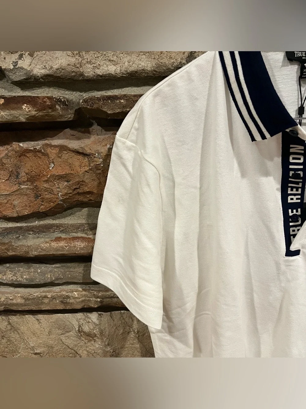 True Religion 100% Cotton White Gusset Polo with Navy Trim